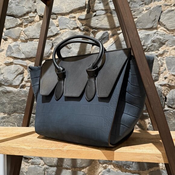 Céline Midnight Blue Croc Embossed Nubuck Small Tie Tote - Picture 3 of 15